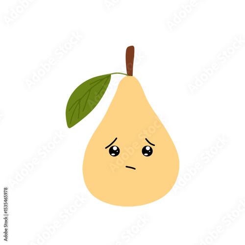 Pear kawaii flat illustration. Stylized vector character with smiling face, sad, cry and variant different expression face. 