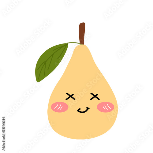 Pear kawaii flat illustration. Stylized vector character with smiling face, sad, cry and variant different expression face. 