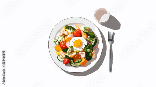 Fresh salad with vegetables and a boiled egg on white background, healthy lifestyle concept