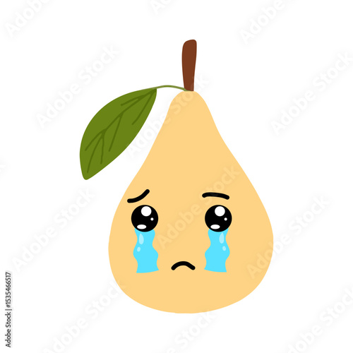Pear kawaii flat illustration. Stylized vector character with smiling face, sad, cry and variant different expression face. 