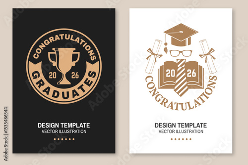 Set of posters and banners for class of 2026 graduation. Congratulations graduates banner sticker card with academic hat for high school or college graduation, diploma, glasses and book. Vector.