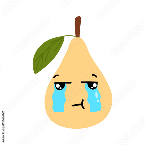 Pear kawaii flat illustration. Stylized vector character with smiling face, sad, cry and variant different expression face. 