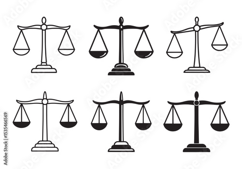 Set of law scales icons representing justice and legal principles in vector illustrations