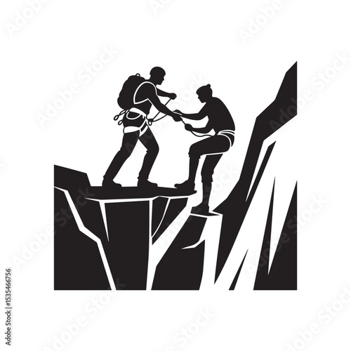 Mountain Climber Helping Another Over Cliff – Teamwork Silhouette Vector on White