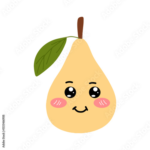 Pear kawaii flat illustration. Stylized vector character with smiling face, sad, cry and variant different expression face. 