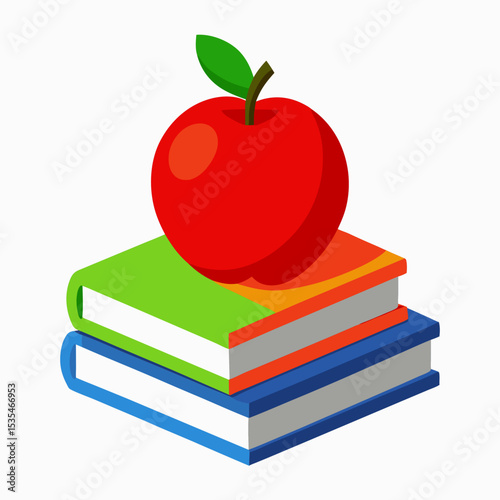 3d a red apple on books stack vector illustration