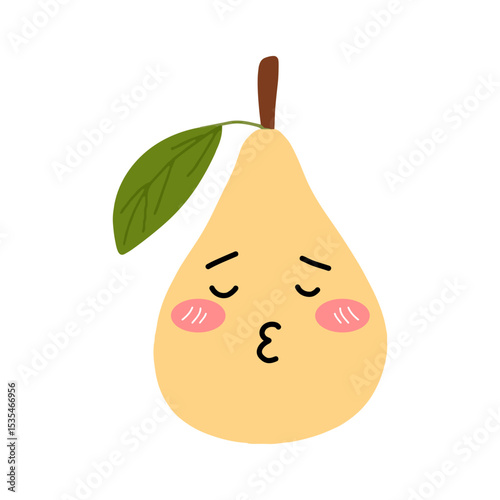 Pear kawaii flat illustration. Stylized vector character with smiling face, sad, cry and variant different expression face. 
