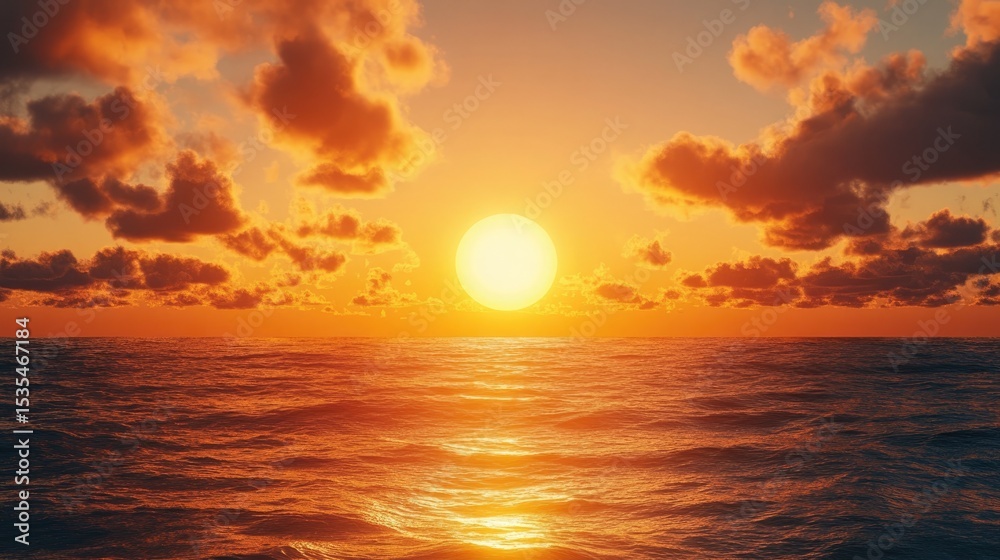 Large sun setting over the sea, casting golden light. -- Large sun setting over the sea, casting golden light. --