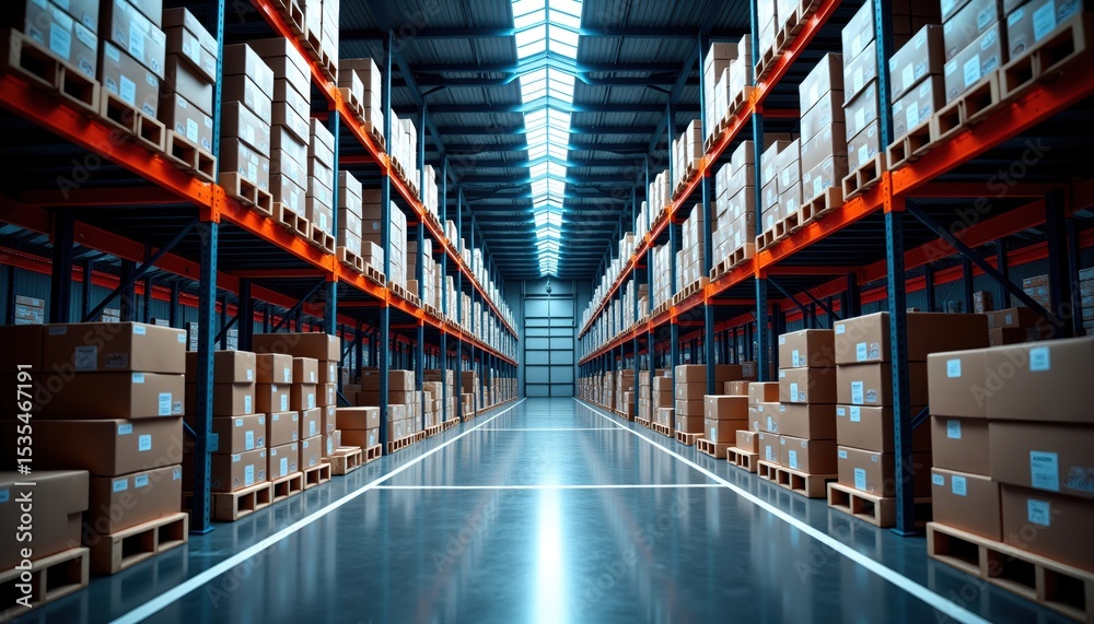 Fototapeta premium Dark Warehouse Interior with Shelves and Stacked Boxes