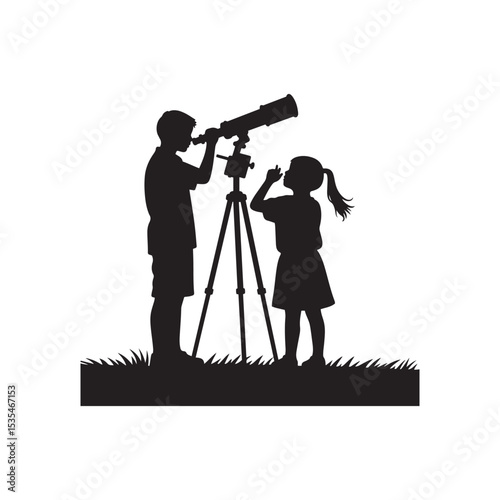 Siblings Stargazing with Telescope Silhouette – Night Sky Curiosity Vector in Black and White