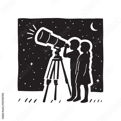 Siblings Stargazing with Telescope Silhouette – Night Sky Curiosity Vector in Black and White