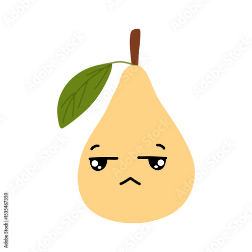 Pear kawaii flat illustration. Stylized vector character with smiling face, sad, cry and variant different expression face. 
