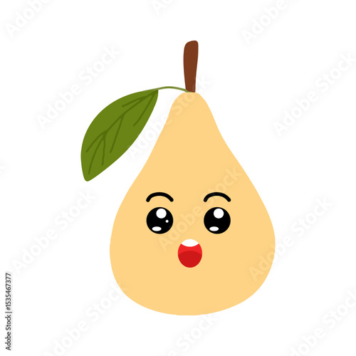 Pear kawaii flat illustration. Stylized vector character with smiling face, sad, cry and variant different expression face. 