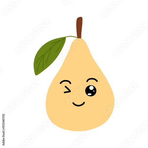 Pear kawaii flat illustration. Stylized vector character with smiling face, sad, cry and variant different expression face. 