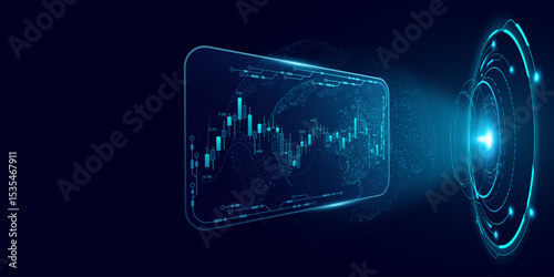 Futuristic financial analytics HUD interface featuring a holographic display with candlestick charts for Business or FinTech backdrop. Data analysis and stock trading concept. Vector illustration.