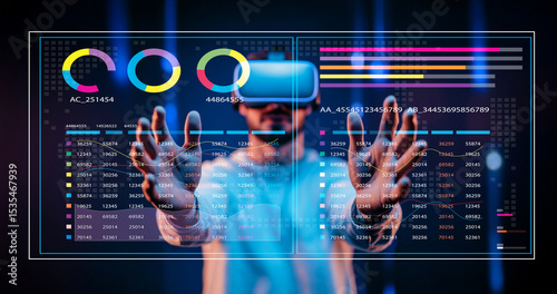 Virtual Reality Experience with Futuristic Interface and Data Visualization, Engaging User Interacting with High-Tech Graphics and Information Display