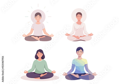 Person in lotus pose with closed eyes and subtle glow around the head, centered on white background
