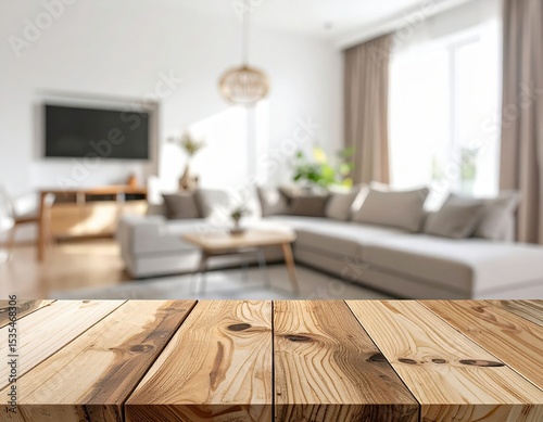 Wooden Tabletop In Front Of Modern Living Room