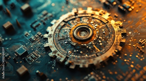Abstract close up of a steampunk inspired futuristic circuit board and cogwheel