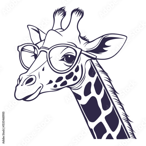 A stylish illustration of a giraffe wearing glasses depicted in a simple black and white vector design