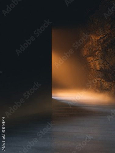 shadowy entrance to an underground tunnel with diffuse fog