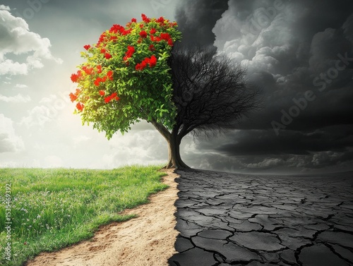 Dual Nature of a Tree: Lush Bloom vs. Arid Drought in a Contrasting Landscape