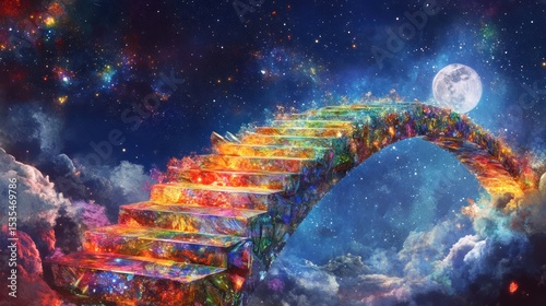 Celestial Stairway: A Journey to the Moon amidst Starry Skies and Ethereal Clouds