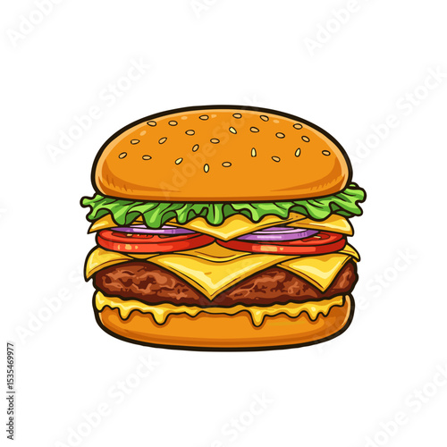 Classic cheeseburger with lettuce, tomato, and onion layers  