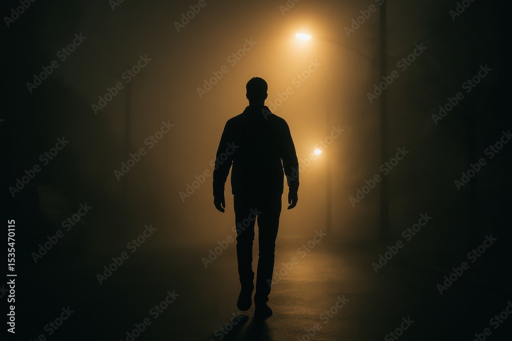 Mysterious figure walking alone in foggy street under dim streetlights at night Mysterious figure walking alone in foggy street under dim streetlights at night