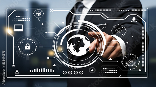 Businessman Interacting with Futuristic Digital Interface Featuring World Map, Data Analytics, and Cybersecurity Elements in an Urban Environment