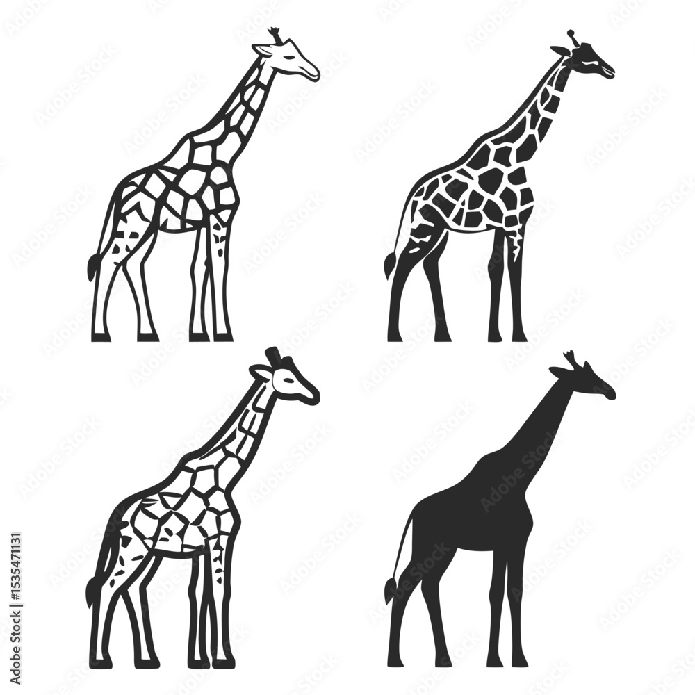 Naklejka premium Set of four giraffe silhouettes in various styles and representations on white background