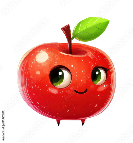Cute cartoon apple character with big green eyes and leaf