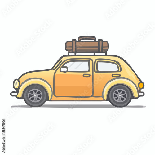 Vintage Classic Car Illustration Cream and Beige Retro Automobile with Luggage