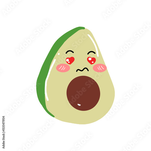 avocado kawaii cartoon character, kawaii cute avocado with a smile. Avocado kawaii flat illustration. Stylized vector character with smiling face,