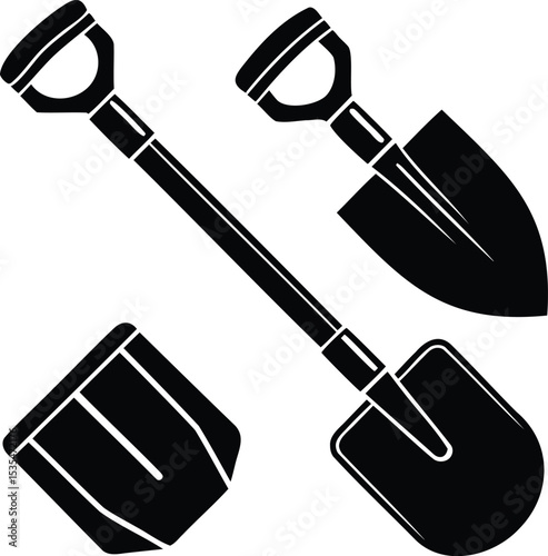Black Silhouette Vector Set of Three Shovel Types – Garden, Construction, or Digging Tools Icon for Agriculture and Outdoor Equipment Design