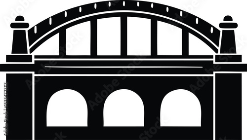 Black Silhouette Vector of Arched Bridge with Support Pillars – Civil Engineering or Architectural Icon for Infrastructure and River Crossings