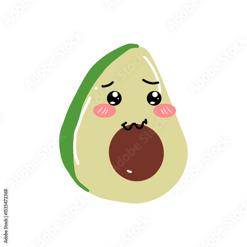 avocado kawaii cartoon character, kawaii cute avocado with a smile. Avocado kawaii flat illustration. Stylized vector character with smiling face,