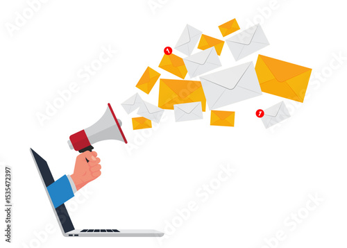 Digital email marketing concept featuring envelopes and a megaphone on a laptop screen. Vector illustration. Stock illustration.