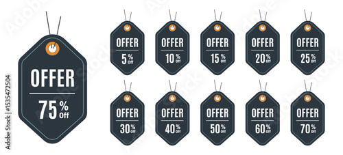 Collection of dark offer tags with various discount percentages, perfect for sales, promotions, and marketing campaigns to attract customers