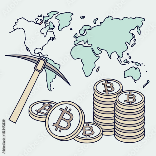Illustration of cryptocurrency mining concept featuring a pickaxe, stacks of Bitcoin coins, and a world map in the background, symbolizing digital currency and global finance