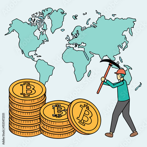 Illustration of cryptocurrency mining process, featuring a miner with a pickaxe beside stacks of Bitcoin coins and a world map in the background, symbolizing global digital currency trends