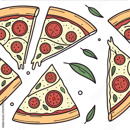 Colorful flat illustration of pizza slices with pepperoni, cheese, and fresh basil leaves scattered on a dark background, showcasing delicious food design and culinary art