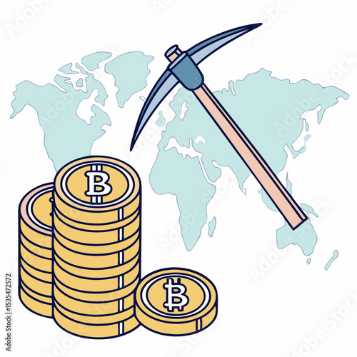Cryptocurrency mining concept with stacked gold coins, a pickaxe, and a world map in the background, illustrating the digital currency revolution and financial technology