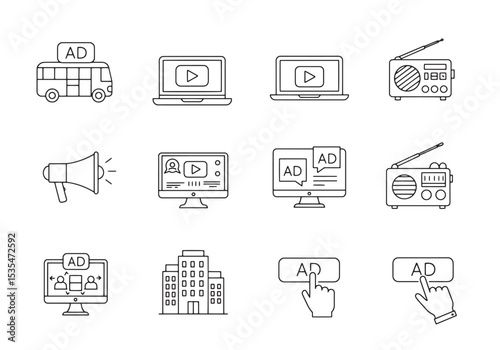 Advertising and marketing icons showing diverse channels and communication methods