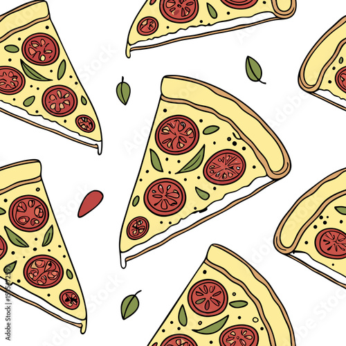 Colorful flat illustration of pizza slices topped with tomatoes and green leaves, arranged in a seamless pattern, showcasing delicious food design elements for culinary projects