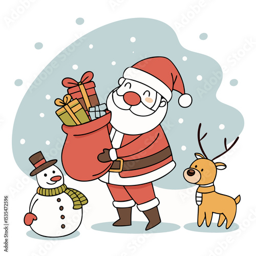Cheerful Santa Claus character holding a large red sack filled with colorful gifts, surrounded by a snowman and a reindeer in a festive winter wonderland scene