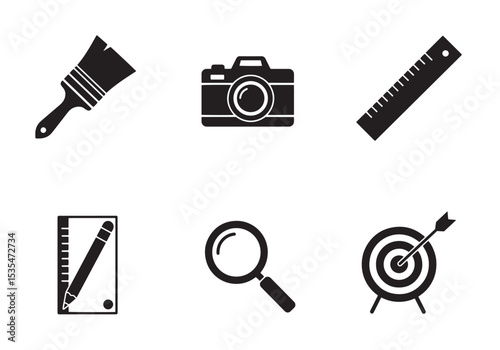 Black and white icon set featuring paintbrush camera ruler notepad magnifying glass and target