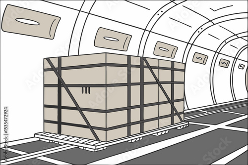 freight airplane cargo bay loaded with wooden containers and boxes for logistics transportation

