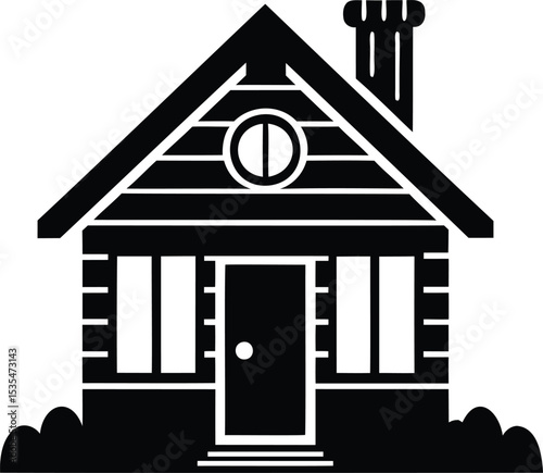 Black Silhouette Vector of Cabin-Style House with Chimney, Round Window, and Plants – Icon for Rural Living, Suburban Homes, or Outdoor Living