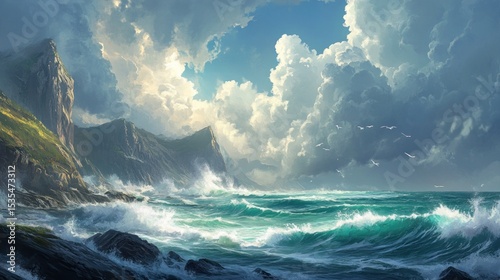 Dramatic coastal landscape with cliffs, crashing waves, and stormy cloudscape